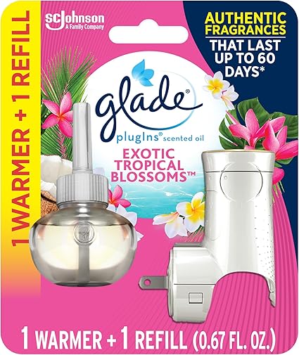 Glade PlugIns Refills Air Freshener Starter Kit, Scented and Essential Oils for Home and Bathroom, Exotic Tropical Blossoms, 0.67 Fl Oz, 1 Warmer + 1 Refill