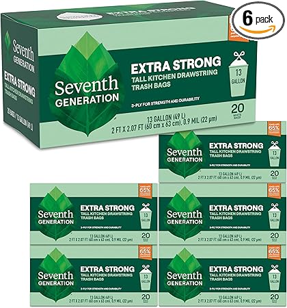 Seventh Generation Kitchen Garbage Bags 13 Gallon Pack of 6 Extra Strong Made from Recycled Plastic 20 count