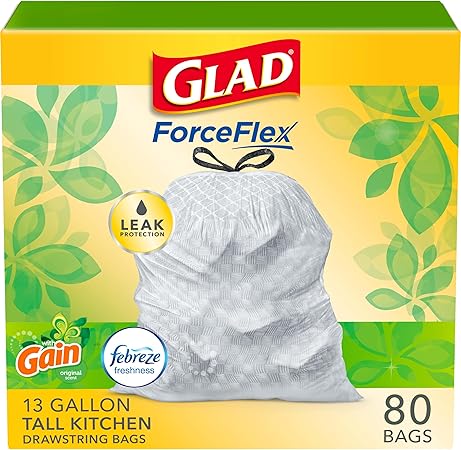 Glad Trash Bags, ForceFlex Tall Kitchen Drawstring Garbage Bags,13 Gal, Gain Original with Febreze, 80 Ct