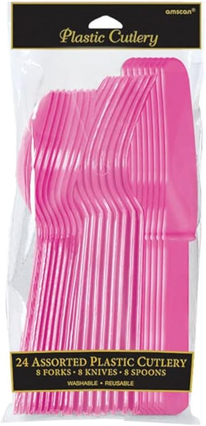 Assorted Bright Pink Plastic Cutlery (Pack of 24) - Elegant, Durable & Disposable Party Supplies for Every Occasion