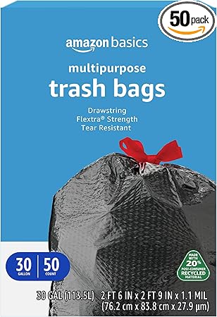 Amazon Basics Flextra Multipurpose Drawstring Trash Bags, 20% Post Consumer Recycled Content, 30 Gallon, 50 Count, Pack of 1