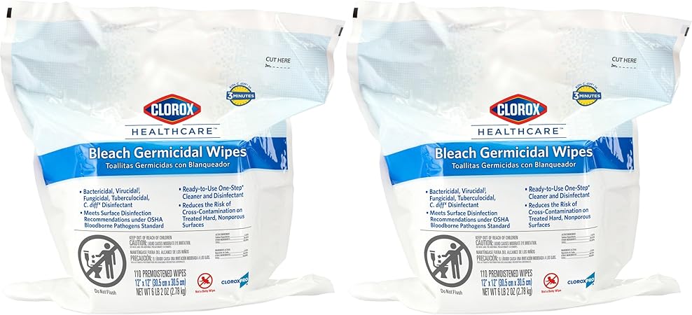 Clorox Healthcare Bleach Germicidal Wipes, Refill for Bucket, 110 Count, Pack of 2 (Package May Vary)