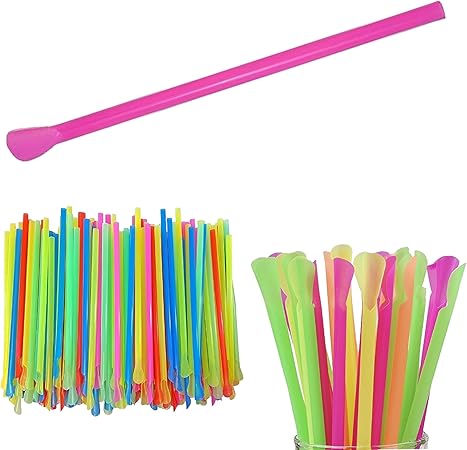 Concession Essentials 8'' Unwrapped Snow Cone Spoon Straw Assorted Bright Colors. Pack of 200ct.