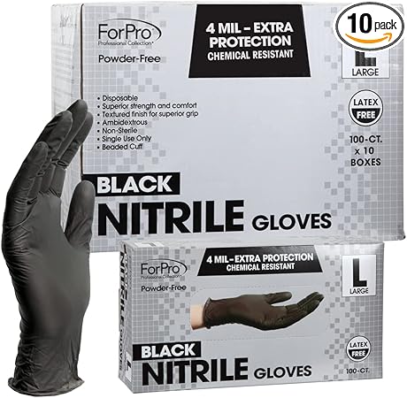 ForPro Professional Collection Disposable Nitrile Gloves, Chemical Resistant, Powder-Free, Latex-Free, Non-Sterile, Food Safe, 4 Mil, Black, Large, 1000-Count