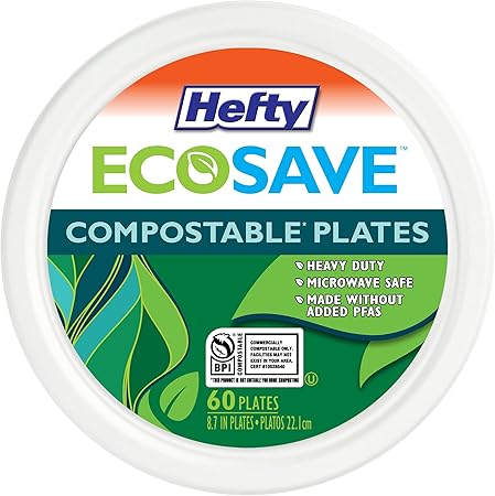 Hefty ECOSAVE Compostable Paper Plates, 8-3/4 Inch, 60 Count