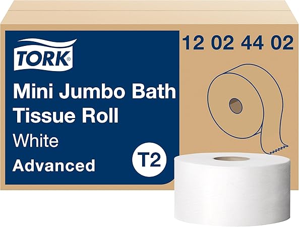 Tork Mini Jumbo Toilet Paper Roll White T2, Advanced, 2-Ply, 12 x 751', 12024402