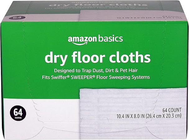 Amazon Basics Dry Floor Cloths to Clean Dust, Dirt, Pet Hair, 64 Count, Pack of 1