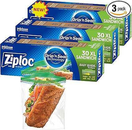 Ziploc XL Sandwich and Snack Bags with EasyGuide Texture, Plastic Storage Bags with Grip 'n Seal Technology, 90 Bags Total