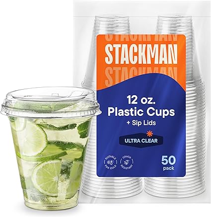 12 oz Clear Plastic Cups with Strawless Sip-Lids [50 Sets] PET Crystal Clear Disposable 16oz Plastic Cups with Lids - Crystal Clear, Durable Cup - BPA Free + Crack Resistant, for Coffee, Juice, Shakes