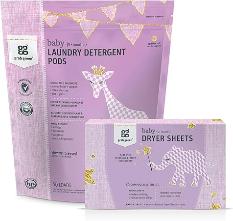 Grab Green Baby Laundry Detergent Pods and Dryer Sheets Bundle, 50 Count Pods and 80 Dryer Sheets, Dreamy Rosewood Scent, Plant and Mineral Based Laundry Care Set