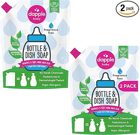 Dapple Baby Bottle Soap, Hypoallergenic Dish Soap for Baby Bottles, Powered by Plants, Fragrance Free, 34 Fl Oz (Pack of 2)