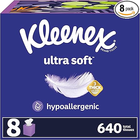 Kleenex Ultra Soft Facial Tissues, 8 Cube Boxes, 80 Tissues per Box, 3-Ply, Packaging May Vary