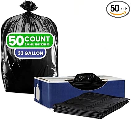 Plasticplace Contractor Trash Bags 33 Gallon - 3.0 Mil, Heavy Duty Garbage Bag 33” x 39”, Black, 50 Count