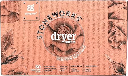 Grab Green Stoneworks Cruelty-Free Dryer Sheets | Softens Fabrics, Freshens Clothing & Reduces Static-Cling and Wrinkles | Plant Based | Rose Petal Scent (80 Sheets)