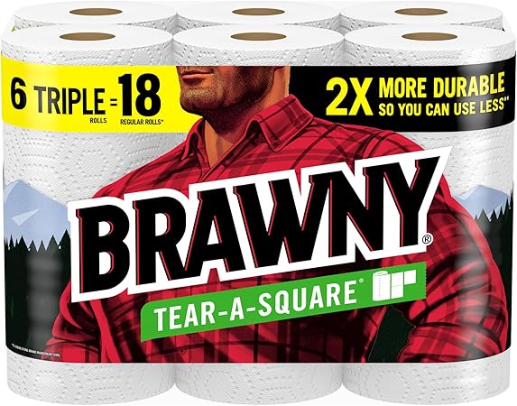 Brawny Tear-A-Square Paper Towels, 6 Triple Rolls = 18 Regular Rolls, 3 Sheet Sizes (Quarter, Half, Full), Strength for All Messes, Cleanups, and Meal Prep