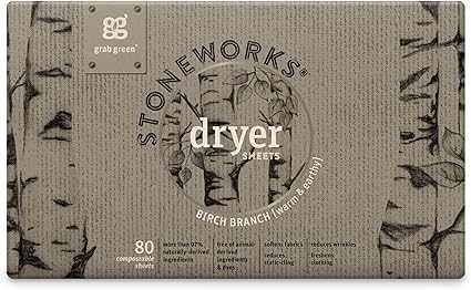 Grab Green Stoneworks Cruelty-Free Dryer Sheets | Softens Fabrics, Freshens Clothing & Reduces Static-Cling and Wrinkles | Plant Based | Birch Branch Scent (80 Sheets)