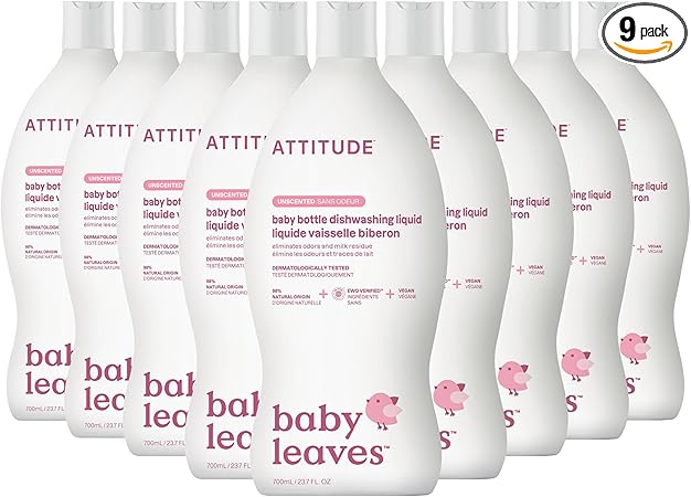 ATTITUDE Baby Dish Soap and Bottle Cleaner, EWG Verified Dishwashing Liquid, No Added Dyes or Fragrances, Tough on Milk Residue and Grease, Vegan, Unscented, 23.7 Fl Oz (Pack of 9)