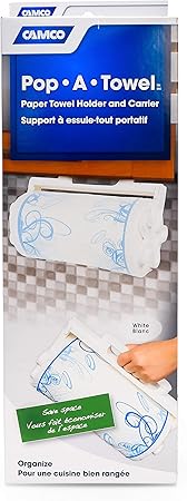 Camco Pop-A-Towel- Mountable or Portable Paper Towel Holder Dispenser, Keep Paper Towels Clean, Conserve Space in Your RV Kitchen (White) (57111)