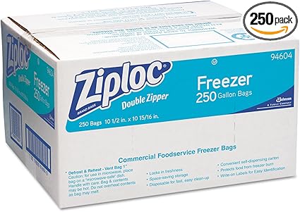 Ziploc 94604 Double-Zipper Freezer Bags, 1gal, 2.7mil, Clear w/Label Panel (Case of 250)