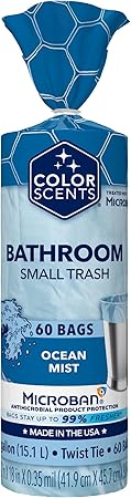 Color Scents Small Trash Bags - 4 Gallon, 60 Bags (1 Pack of 60 Count), Twist Tie - Light Blue Bag in Ocean Mist Scent with Microban