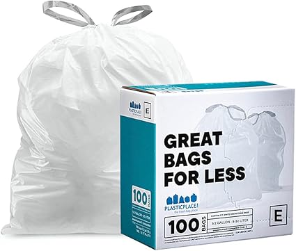 Plasticplace Custom Fit Trash Bags, Compatible with simplehuman Code E (100 Count) White Drawstring Garbage Liners 5.2 Gallon / 20 Liter, 18.5