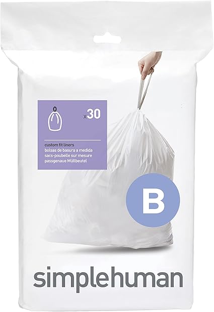 simplehuman Code B Custom Fit Drawstring Trash Bags in Dispenser Packs, 30 Count, 6 Liter / 1.6 Gallon, White