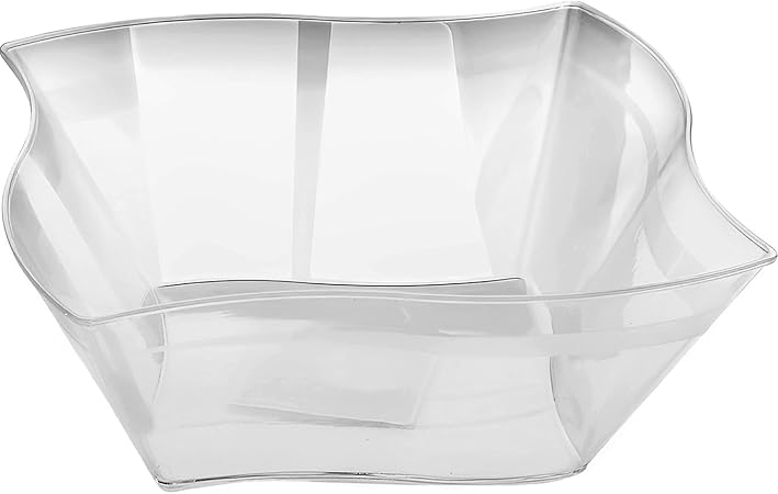 Blue Sky Clear Square Wave Plastic Serving Bowl - 90 oz. (1 Count) - Premium & Durable Clear Plastic Bowl - Perfect Snack Bowl and Salad Bowl for Birthday, Wedding, Themed Party & Other Event