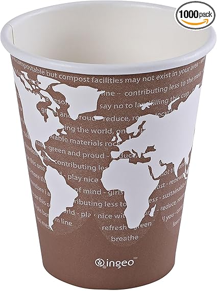 ECO PRODUCTS Compostable Disposable World Art 8oz Small Coffee Cups, Case of 1000, Renewable Hot Paper Cup, Plant Based PLA Lining, Color Coded