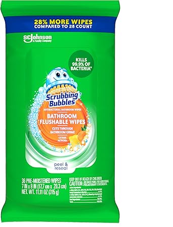 Scrubbing Bubbles Antibacterial Bathroom Flushable Wipes, Flushable and Resealable Cleaning Wipes, Citrus Action, 36 Wipes