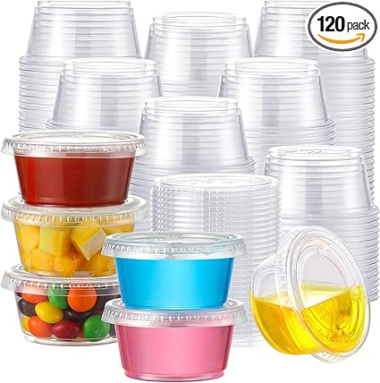 AOZITA 120 Plastic Clear Portion Cups | Airtight, Stackable, with Lids | Jello Shot, Souffle | 2 oz