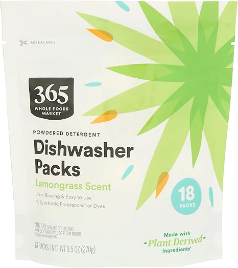 365 by Whole Foods Market, Detergent Dish Pods Powdered Lemongrass 18 Count, 9.5 Ounce