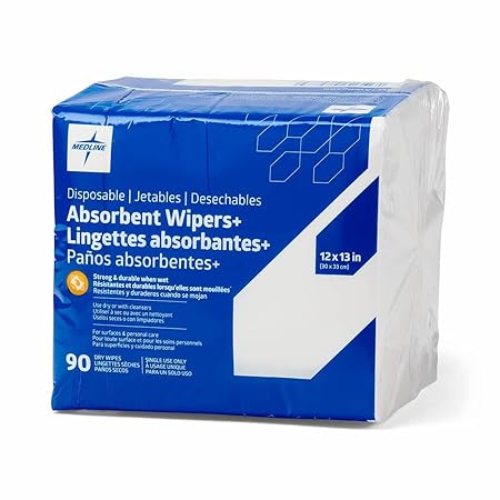 Medline Absorbent Wipers+ Disposable Heavy Duty Dry Wipes, 12