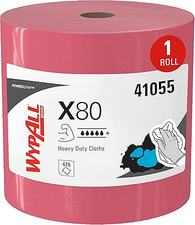 WypAll® PowerClean X80 Heavy Duty Cloths, Jumbo Roll (41055), Extended Use Towels, Red (475 Sheets/Roll, 1 Roll/Case, 475 Sheets/Case)