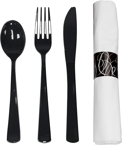 Party Essentials Pre Rolled Silverware Set Disposable Party Supplies, Wrapped Plastic Cutlery Set with Napkin, Spoons/Forks/Knives Black, 25 Units