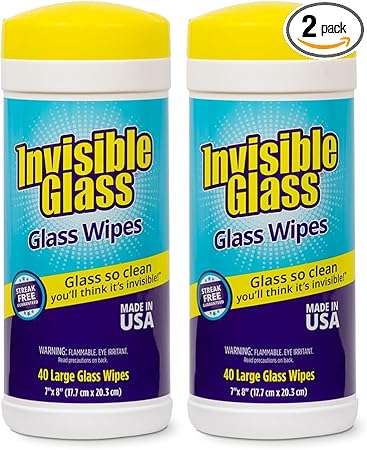 Invisible Glass 90160-2PK Glass Cleaning Wipes Perfect for Cleaning Mirrors, Windows, and Windshields at Home, in Your Car, or at the Office, Streak-Free, Tint-Safe, Lint-Free, 40 Wipes, Pack of 2