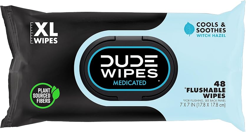 DUDE Wipes - Medicated Flushable Wipes - 1 Pack, 48 Wipes - Unscented Extra-Large Adult Wet Wipes - Medicated Witch Hazel - Septic and Sewer Safe Medicated Wipes