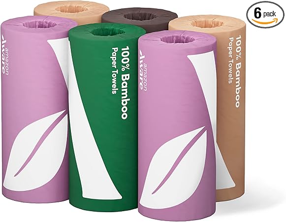 Amazon Aware 100% Bamboo Paper Towels, 6 Rolls, 2 ply, FSC Certified, 150 Sheets, 900 Count, Plastic-Free, Multicolor