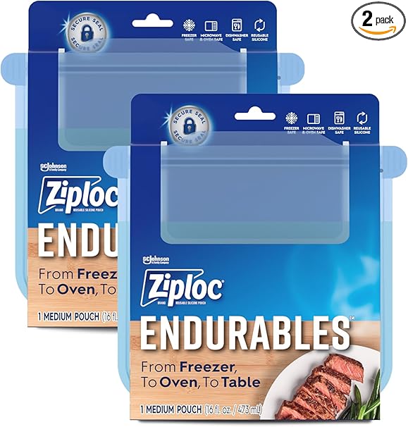 Ziploc Endurables Medium Pouch, 2 Cups, Reusable Silicone Bags and Food Storage Meal Prep Containers for Freezer, Oven, and Microwave, Dishwasher Safe, 2 Pack