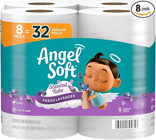 Angel Soft Toilet Paper with Fresh Lavender Scented Tube, 8 Mega Rolls = 32 Regular Rolls, Soft and Strong Toilet Tissue