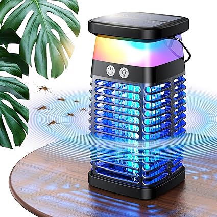 Bug Zapper Outdoor Indoor Mosquito Zapper Solar Fly Zapper Rechargeable Electric Mosquito Killer IP68 Waterproof Insect Fly Trap Plug in with RGB Light & Reading Lamp for Patio Camping Home Backyard