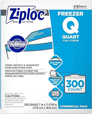 Ziploc 696187 Double Zipper Freezer Bags, 1qt, 2.7mil, 7 x 7 3/4, Clear w/Label, 300/Carton