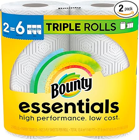 Bounty Essentials Select-A-Size Paper Towels, White, 2 Triple Rolls = 6 Regular Rolls