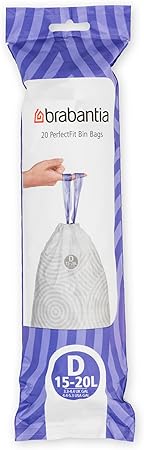 Brabantia PerfectFit Trash Bags (Size D / 4-5.3 Gal) Thick Plastic Trash Can Liners with Drawstring Handles (20 Bags)