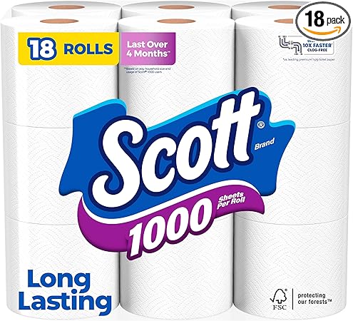 Scott 1000 Toilet Paper, 18 Rolls, Septic-Safe, 1-Ply Toilet Tissue