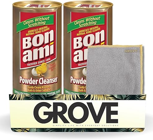 Bon Ami Powder Cleaner 14 oz Bundle with Microfiber Cloth - Scratch-Free Powder Cleanser - Natural Bleach-Free Cleaning Solution for Tough Messes - Perfect for Kitchens and Bathrooms - (3 Items)