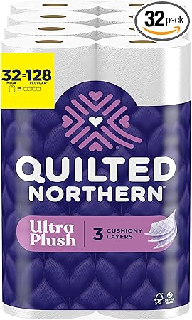 Quilted Northern Ultra Plush Toilet Paper, 32 Mega Rolls = 128 Regular Rolls, 3X Thicker*, 3 Ply Soft Toilet Tissue