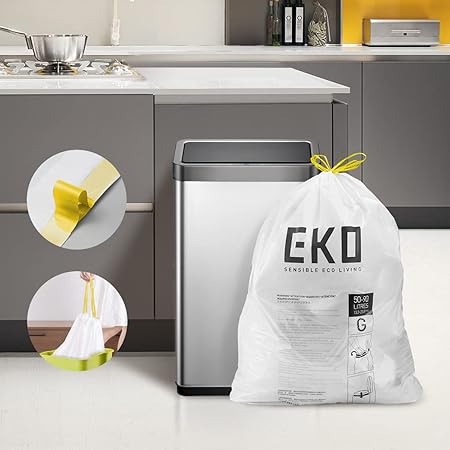 EKO Easy-Dispense Roll of 60 Count Extra-Strong Drawstring Kitchen Trash Bags - 21 Gallon Garbage Bags (79.5L) 1 pack, Code G