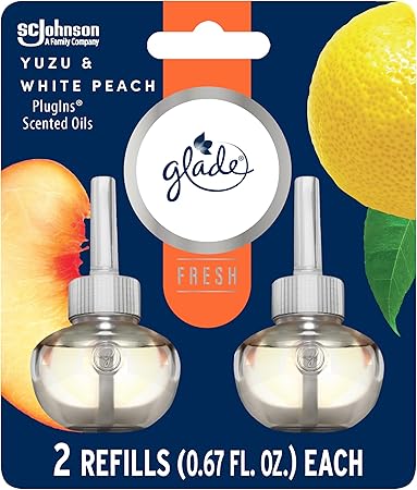 Glade PlugIns Refills Air Freshener, Scented and Essential Oils for Home and Bathroom, Yuzu & White Peach, Fresh Collection 1.34 Fl Oz, 2 Count