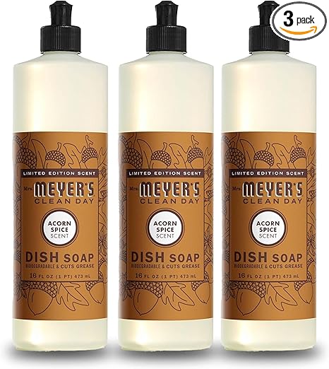 MRS. MEYER'S CLEAN DAY Liquid Dish Soap, Biodegradable Formula, Limited Edition Acorn Spice, 16 fl. oz - Pack of 3