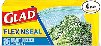 Glad FLEXN SEAL Freezer Storage Plastic Bags, Quart, 35 Count(Pack of 4)